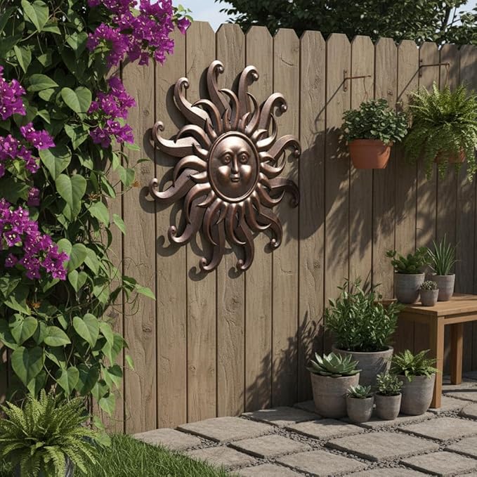 Comfy Hour 25" Bronze Metal Sun Face Wall Art, Antique Vintage Celestial Figurine Style Home Decor, Large Outdoor Garden Sculpture, Patio 3D Decor, Farmhouse Rustic,