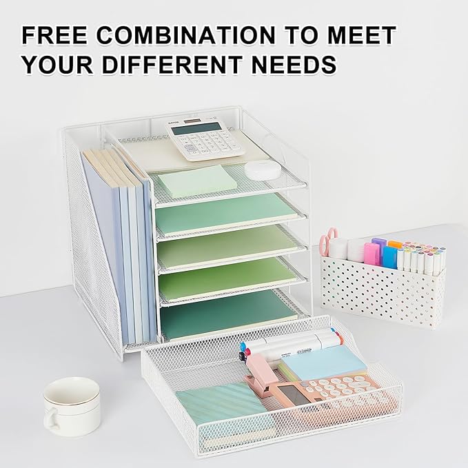 OUTIOE Desk Organizer with Drawer and Pen Holder, 5-Tier Paper Letter Tray Organizer with File Holder, Suitable for Workspace Organizer Office Supplies Storage (White)