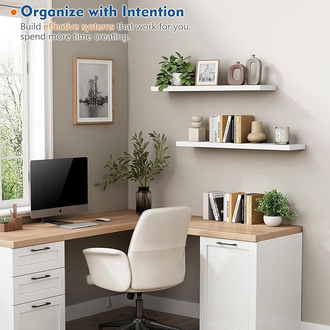 Harwaya White Wood Floating Shelves 36 Inches Long Set of 2, Large Modern Wall