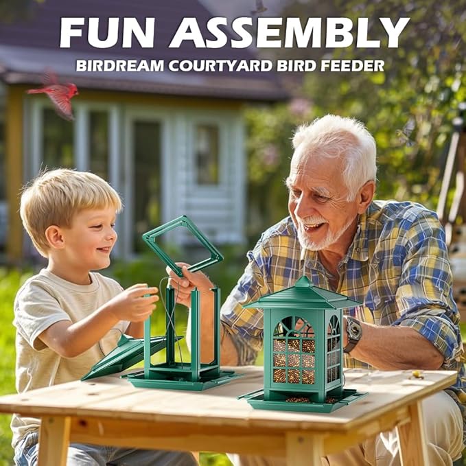 Birdream Bird Feeders for Outdoor Hanging, Assembly Required, 1-Min Easy Setup, Classic Courtyard Design, Attracting Cardinals Chickadees Goldfinches & Sparrows - Green