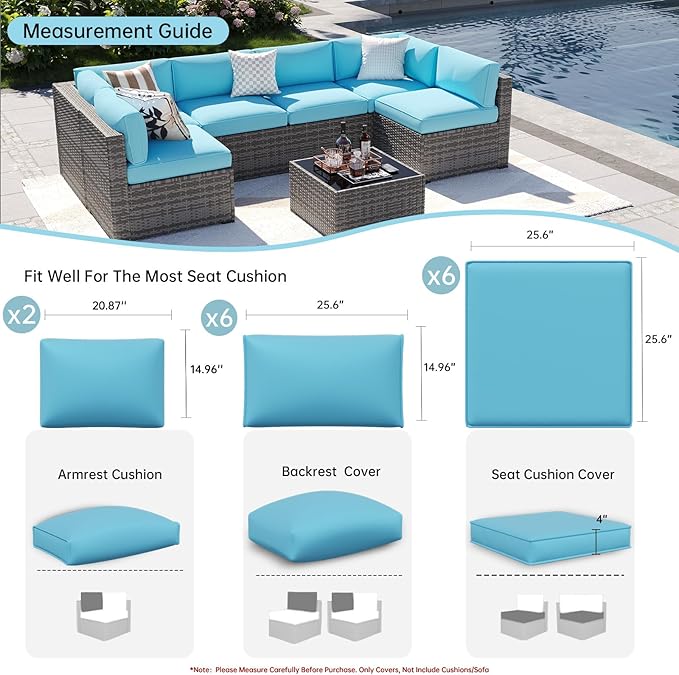 Aoxun 14pcs Patio Cushion Covers Replacement, Waterproof Outdoor Furniture Cushion Covers with Zipper and Non-Slip Bottom, Patio Sofa Couch 3 Sizes for Patio Sectional, Covers Only (Sky Blue)
