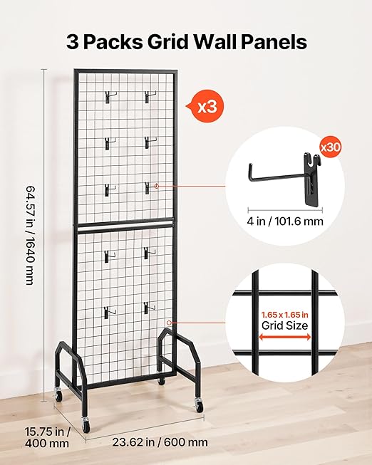 VEVOR 3 Packs Grid Wall Panels, 1.9 x 5.4 ft Wire Grid Panels Display Rack