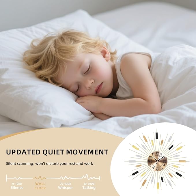 23.6 inch Gold Starburst Wall Clock, Non-Ticking Large Modern Sunburst