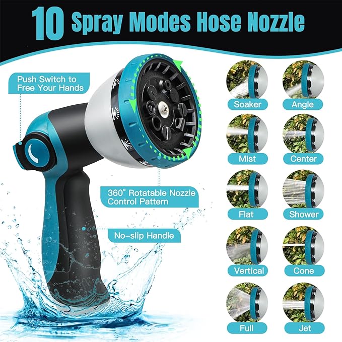 Gardentime 25FT Non-Expandable Garden Hose, Heavy Duty Flexible Water Hose with Leakproof 3/4" Fittings 10 Modes Spray Nozzle, Kink-Free, Lightweight & Durable for Yard, Lawn, Garden & Outdoor Use
