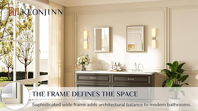 Keonjinn 16" x 24" Brushed Nickel Framed Mirror, Decorative Aluminum Alloy Frame