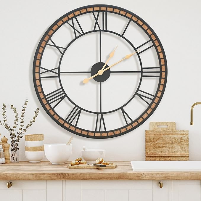 Micasso Large Farmhouse Wall Clock: 24 inch Modern Metal Black