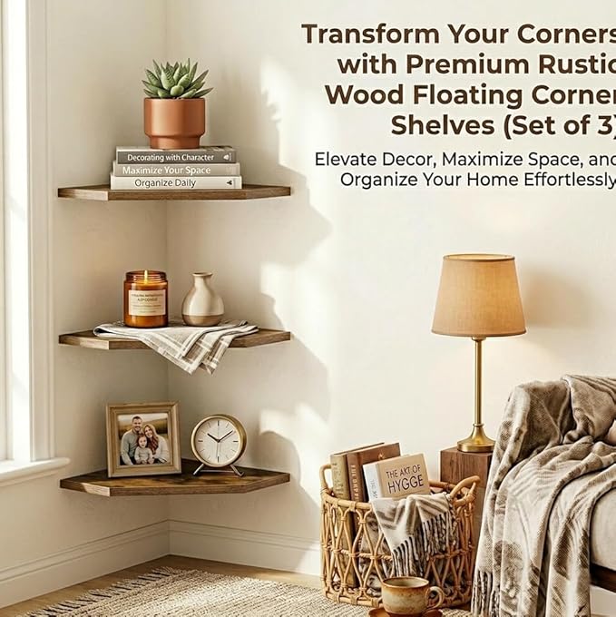 SUYU Set of 3 Floating Corner Shelves, 11.8" Rustic Wood Corner Shelf Wall