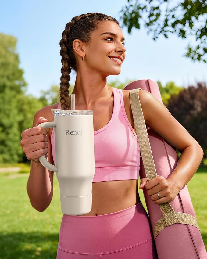 Renoj Tumbler with Handle 100% Leak Proof Insulated Water Bottle for Iced Coffee & Hot Drinks - Fits Car Cup Holder, Ideal Gift, 2 Straws & Silicone Boot BPA-Free - SnapShift White 32 oz