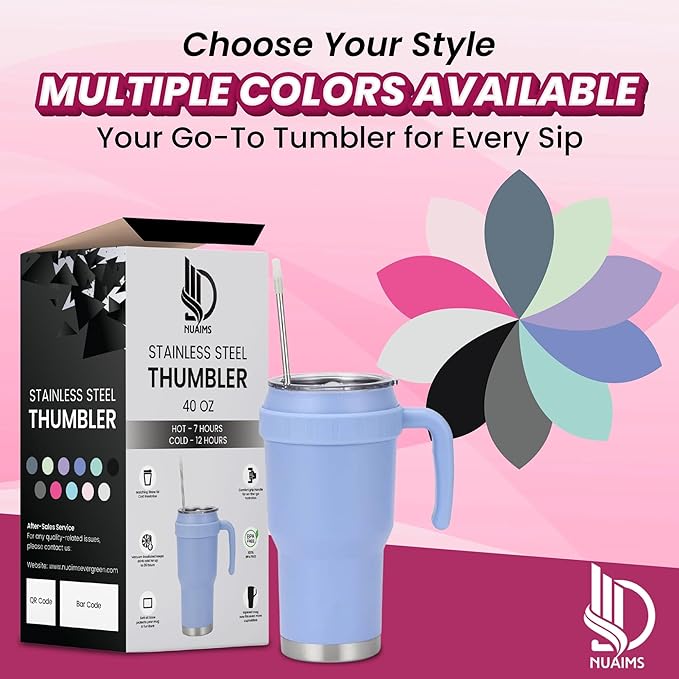 40 Oz Tumbler with Handle & Straw Lid, Insulated Stainless Steel Vacuum Flask, Double Wall Thermal Car Cup for Hot & Cold Drinks, Leak Proof, BPA Free (Light Rose Beige)