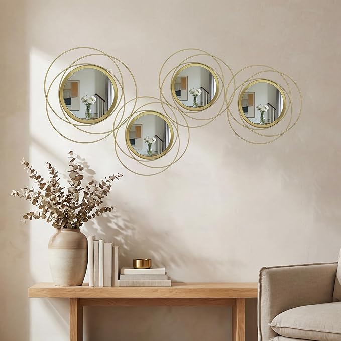 4 Piece Gold Round Wall Mirror Set Modern Metal Circle Home Decor