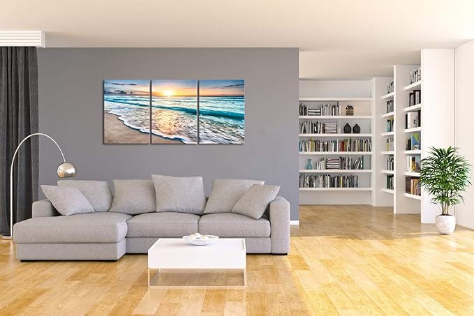 Wieco Art 3 Panels Blue Beach Sunrise White Wave Pictures on Canvas Wall Art