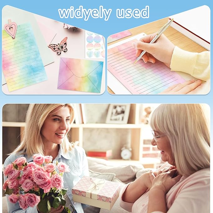 160 Pcs Stationery Paper Envelopes Set Includes 50 Lined Writing Paper & 50 Envelopes with 60 Colorful Round Dot Stickers, Cute Vintage Watercolor Letter Writing Stationery Paper Envelopes(10Style)
