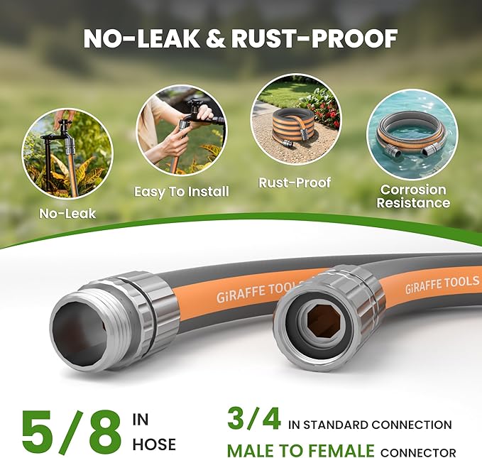 Giraffe Tools 50FT Garden Hose, 5/8" Lightweight Lay Flat Water Hose, No-Kink, Flexible Gardening Hose with Male to Female Aluminum Fitting, Customizable-Length Hose Pipe for Yard