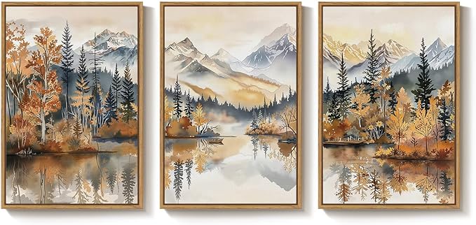 Framed Mountain Forest Landscape Wall Art for Living Room, 3 Piece Orange Neutral Scenic Print Canvas Artwork for Walls, Large Rustic Nature Autumn Picture Wall Decor for Dining Room Hallway, 24x36 In