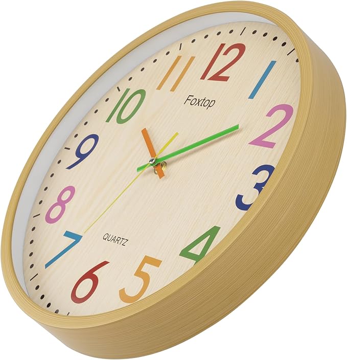 Foxtop 14 Inch Kids Wall Clock Silent Non-Ticking Battery Operated Colorful