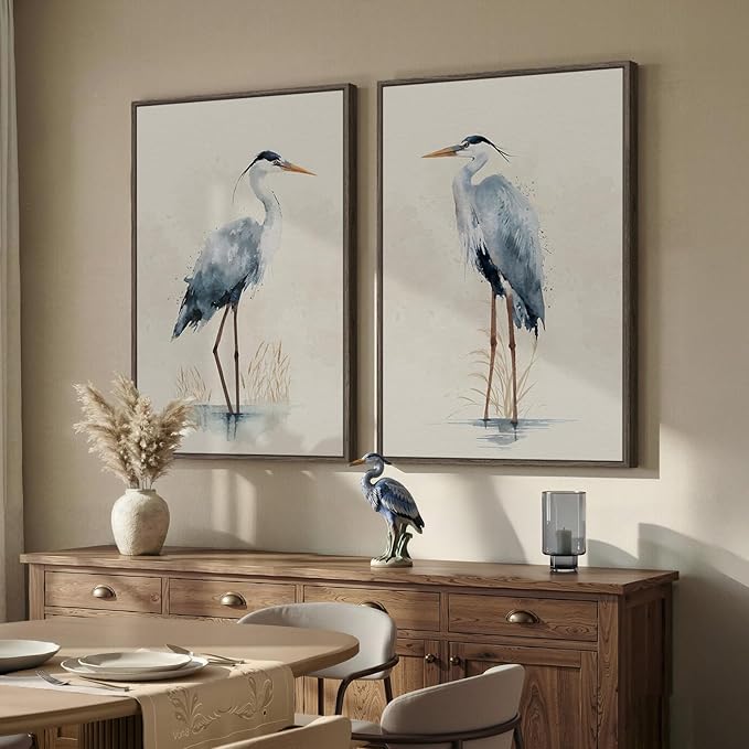 Large Framed Vintage Bird Wall Art, 2 Piece Neutral Blue Heron Canvas Painting
