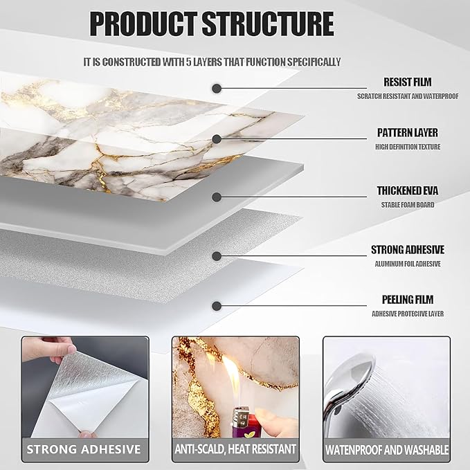 10pcs Peel and Stick Tile Shower Waterproof Marble Tiles Wall Panels,