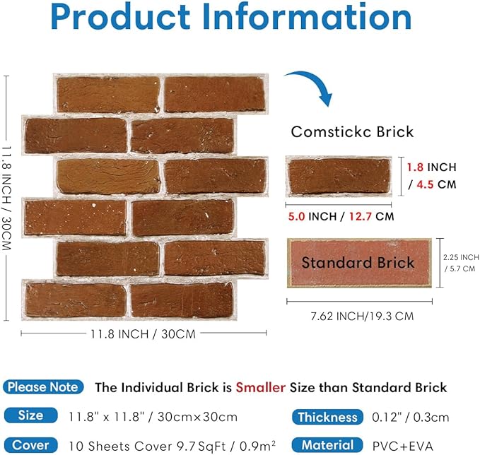 COMSTICKC 3D Faux Brick Wall Panels Peel and Stick Wall Stickers, Small Size