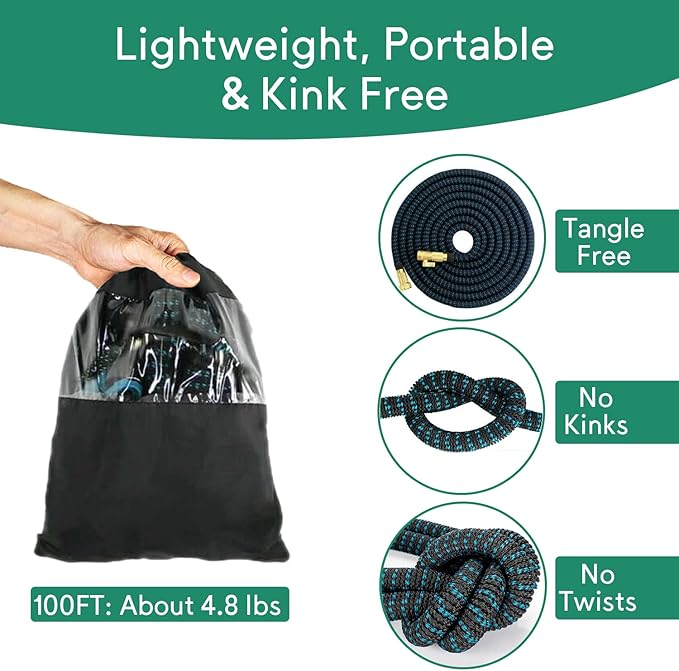 Expandable Garden Hose 100ft with 10 Function Nozzle, 2026 No Kink Water Hose 100 ft, Leak-proof Sturdy Brass Fittings, Durable 3750D Fabric, Lightweight, Flexible for Outdoor Watering, Car Washing
