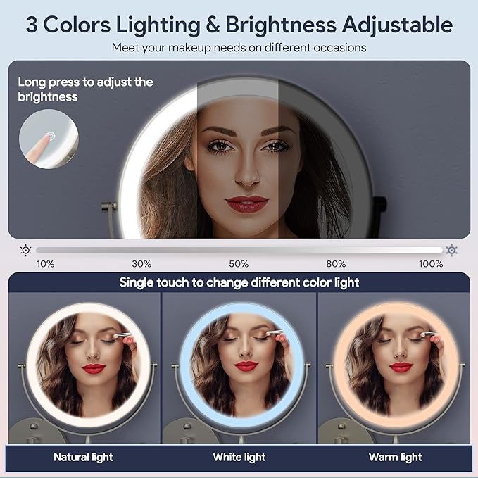 Rocollos Rechargeable Wall Mounted Lighted Makeup Mirror, 8 Inch Double-Sided