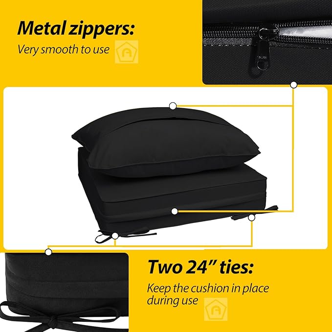 AAAAAcessories Outdoor Seat Cushions for Chairs, Fade-Resistant, Waterproof Patio Furniture Replacement Cushions, 24" x 24" x 5" + 24" x 19", Charcoal Black