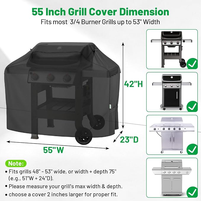 Grill Cover 55 Inch, Heavy Duty Waterproof BBQ Grill Cover for Outdoor Grill, 3-4 Burner Gas Barbecue Grill Cover for Weber, Char-Broil, Nexgrill, Windproof Protection, Black