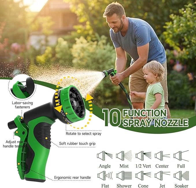 Non-Expandable Garden Hose 75 FT, Heavy-Duty & Flexible Water Hose with 10-Function Nozzle, Kink-Free & Leak-Proof Design, Ultra Lightweight Portable Yard Hose for Lawn, Car, Outdoor Use
