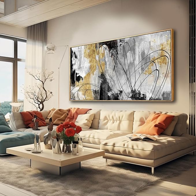 Large Canvas Wall Art Gold Abstract Paintings 29x58 Inch Wooden Framed Artwork