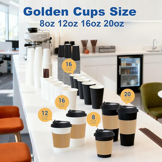 Coolcap 12 oz 100 Pack Coffee Cups with Lids and Sleeves, Straws, Hot Disposable To Go Travel Paper Cups Bulk for Office, Home Coffee Bar Accessories, Chocolate, Cocoa, Beverage (White)