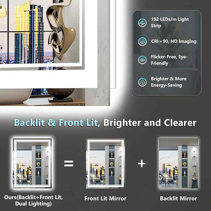 24x30 LED Bathroom Mirror with Lights, Backlit and Front Lit Anti-Fog Lighted