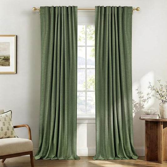 100% Blackout Shield Olive Green Linen Blackout Curtains