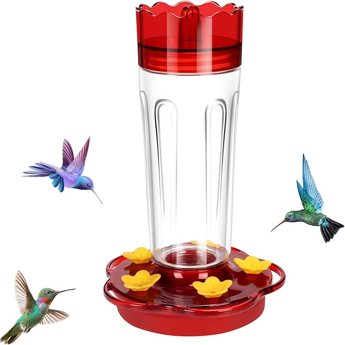 Glass Hummingbird Feeders for Outdoors Hanging Ant and Bee Proof, 1 Pack 15 Ounces Red Hummingbird Feeder with 5 Feeding Ports and Perches, Built-in Ant Moat, Outside Garden DÃ©cor (Glass, 1)