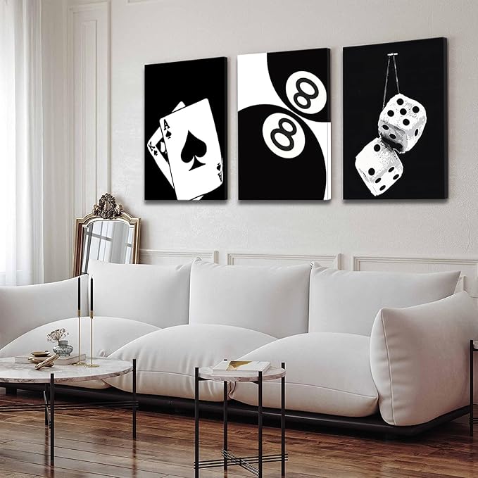 BOKPEN 3Pcs Black and White Poker Dice Canvas Wall Art Lucky You Poster Prints