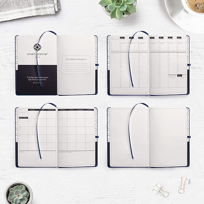 Smart Planner Pro – Undated Daily Planner – Small A5 – Achieve Goals & Increase Productivity – Weekly, Monthly, Work Sections, Organizer Diary with Back Pocket, 3 Satin Bookmarks & Pen Holder