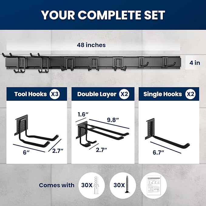 48'' All-Metal Garage Tool Organizer Wall Mount Heavy-Duty Tool Rack Holds 450 lbs, Adjustable Hooks for Garage, Yard, and Garden Equipment