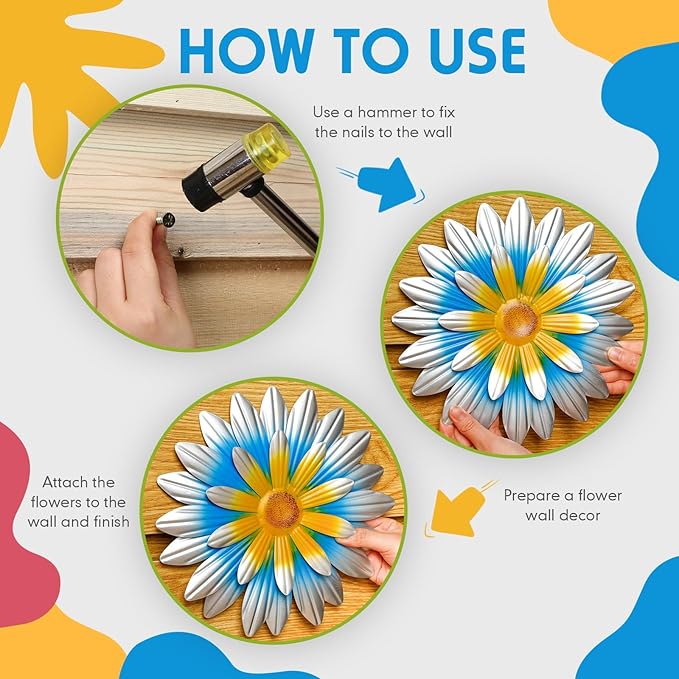 Zhehao 6 Pcs Metal Flower Wall Art Decor 10 Inch Sunflower Wall Decorations Hanging Outdoor Art Multicolored Handmade Metal Flowers Outdoor Decor (Vivid Color)