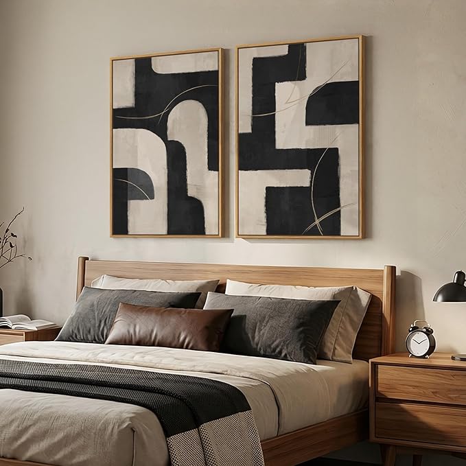 Large Framed Modern Neutral Abstract Wall Art, Geometric Pictures