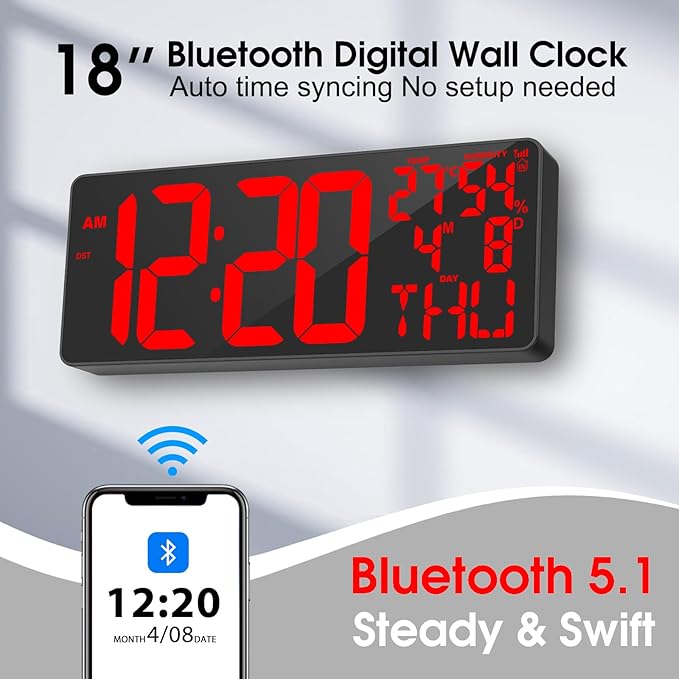18" Digital Wall Clock Large Display/Bluetooth Sync Time, Large Wall Clock
