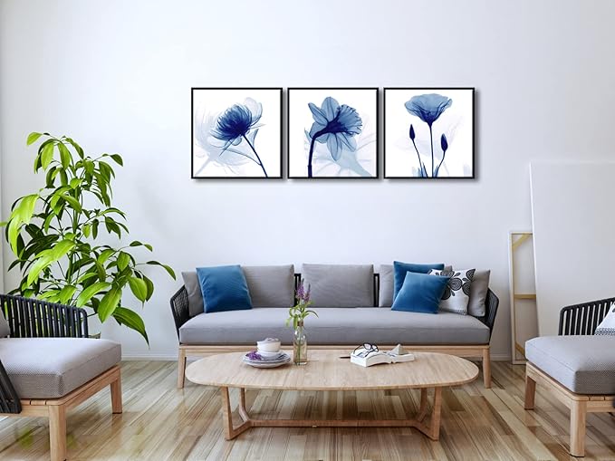 Wieco Art Framed Wall Art Blue Abstract Flowers 3 Panels Canvas Prints Home Art