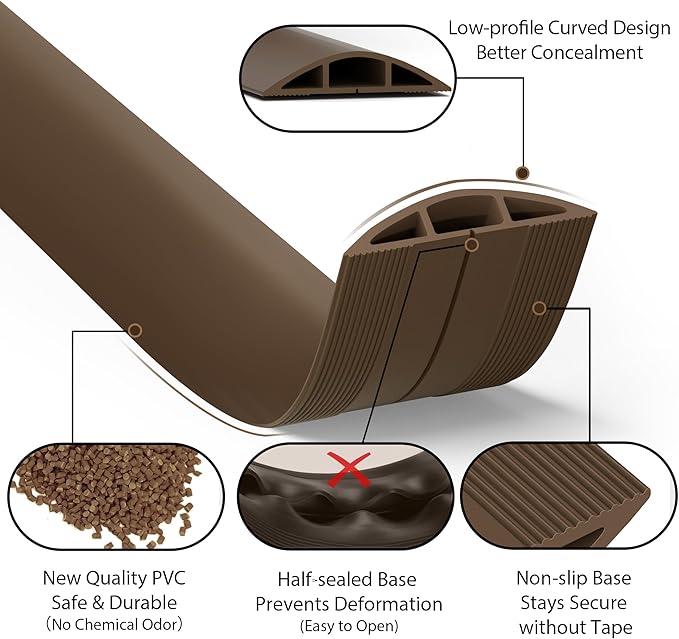 ZhiYo 6ft Cord Hider Floor, Soft PVC Cord Covers for Wires on Floor, Wire Cover to Hide Extension Cords, Cable Cover Protect Cords & Prevent Trips, Cable Cavity: W0.6in x H0.32in, Vintage Coffee Brown