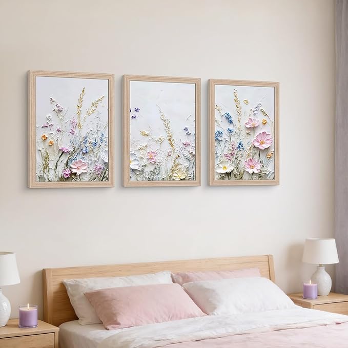 Framed 3D Floral Texture Canvas Wall Art Relief Textured Floral Oil Painting