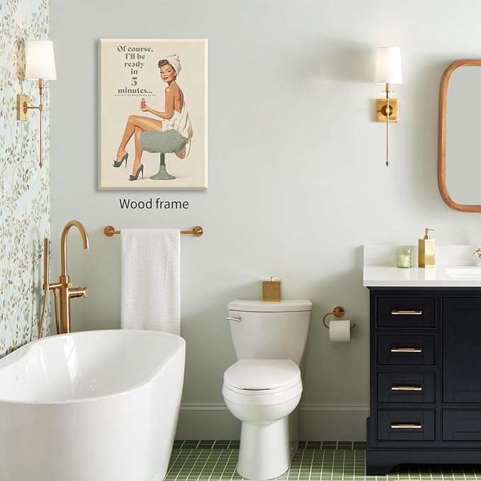 Boho Sage Green Bathroom Poster Vintage 70s Pin Up Girl Wall Art 12X16 inch
