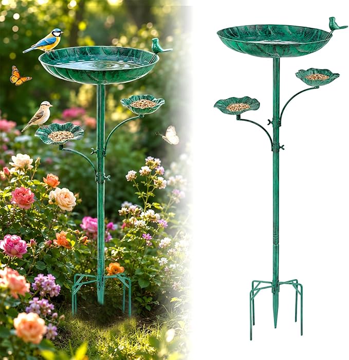 HUFAND Triple Bowl Bird Bath for Outside, 3-in-1 Bird Bath & Feeder with 4-Claw Ground Stake, 51in Height, 11.8in Large Top Bowl, Outdoor Birdbath for Garden Patio Yard Decor, Copper-Green