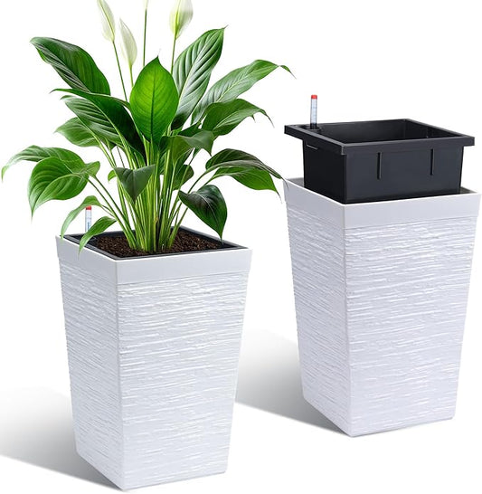 Garvee 16" Tall Planters Set of 2, Self Watering Tall Planters, Outdoorï¼Indoor Planter Pots, High Front Porch Planters Pots with Drainage Holesï¼Water Level Monitor, White