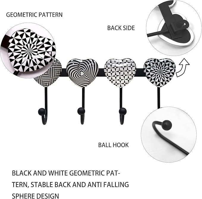 Coat Rack Wall Mounted with 4 Hooks, Heart Geometric Pattern Decorative Wall