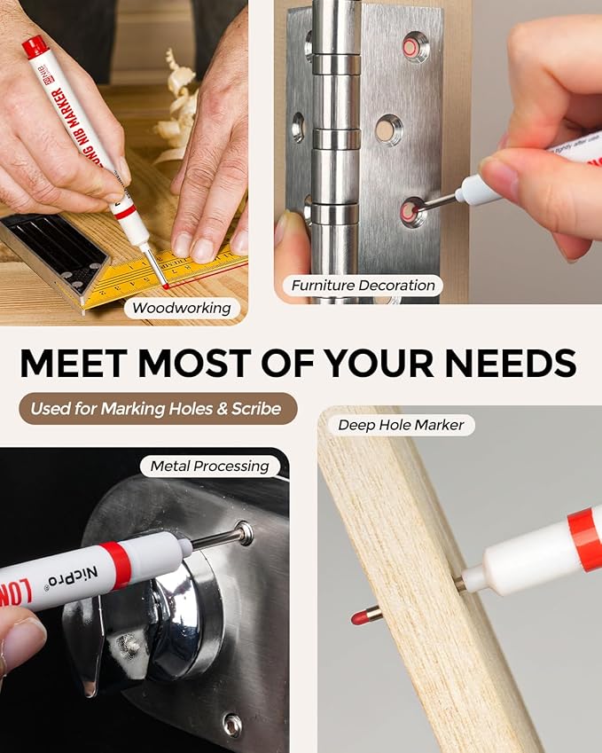 Nicpro 8 PCS Long Nib Marker Pens, 20mm Deep Hole Marker, Quick Dry & Waterproof Construction Markers, Long Head Markers for Metal, Steel, Tile, Glass, Carpenter Marking Pen for Woodworking (4 Colors)