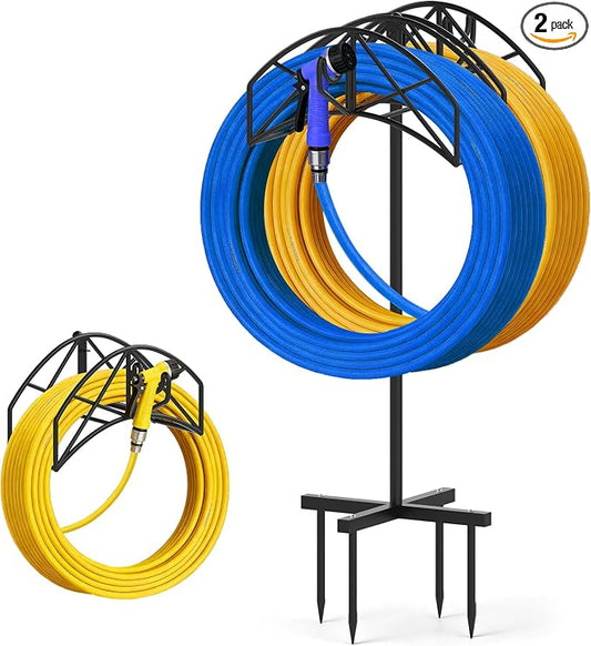 Garden Hose Holder Heavy Duty Water Hose Holder Holds 160 FT * 2 Hoses 4 Spikes Hose Reel Freestanding Hose Hanger Sturdy Hose Storage Stand with 90Â°Rotatable Hook for Outside Yard Lawn