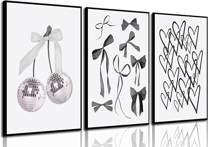 BOKPEN 3pcs Black and White Trendy Preppy Wall Art Bows Disco Ball Many Heart