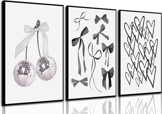 BOKPEN 3pcs Black and White Trendy Preppy Wall Art Bows Disco Ball Many Heart