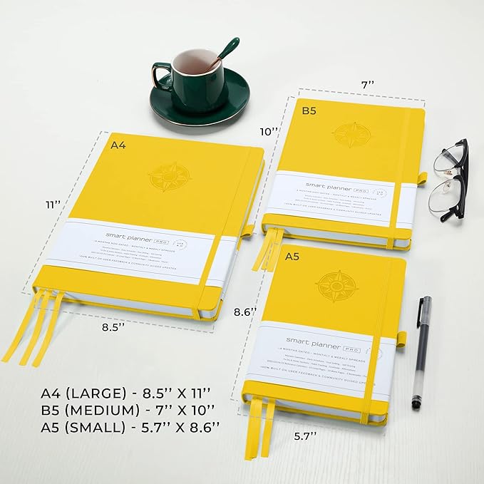Smart Planner Pro – Undated Daily Planner – Medium B5 – Achieve Goals & Increase Productivity with Weekly, Monthly, Work Sections - Organizer Planner with Back Pocket, 3 Satin Bookmarks & Pen Holder